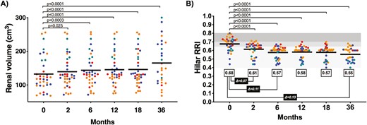隨時間測量的腎體積和腎動脈阻力指數。