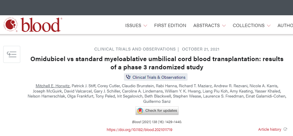 Omidubicel對比標準清髓性臍帶血移植：一項3期隨機研究的結果