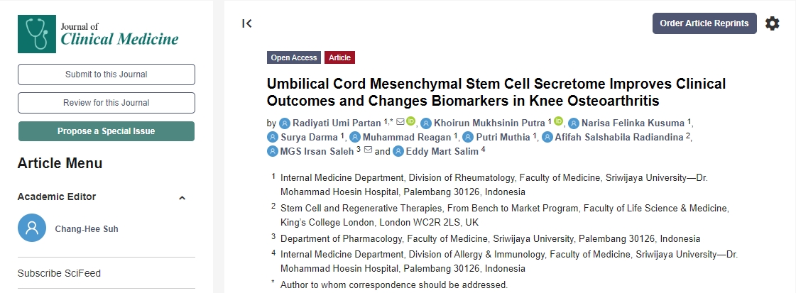 干細胞移植治療可改善膝骨關節(jié)炎的臨床療效并改變生物標志物