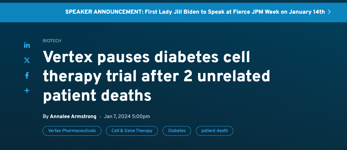 Vertex公司在兩例無關患者死亡后暫停干細胞治療糖尿病的試驗