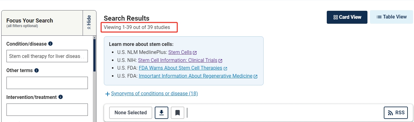 干細胞治療肝病的臨床研究項目有39項