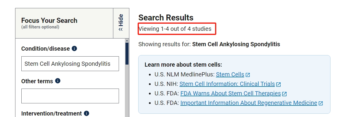 clinicaltrials.gov網(wǎng)站上注冊(cè)的有關(guān)干細(xì)胞治療強(qiáng)直性脊柱炎的臨床研究項(xiàng)目有4項(xiàng)。其中已完成的有1項(xiàng)。