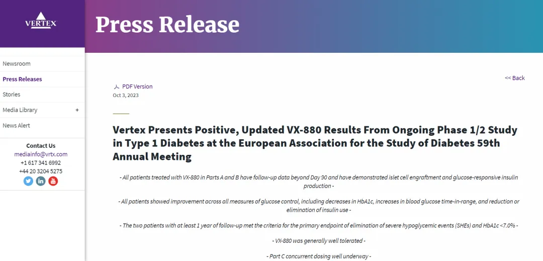 △ 源自Vertex官網，VX-880的最新報道