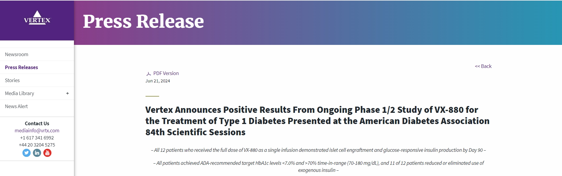 Vertex 宣布正在進行的 VX-880 治療 1 型糖尿病的 1/2 期研究取得積極成果，并在美國糖尿病協會第 84 屆科學會議上發表