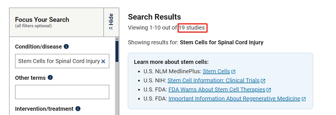 干細(xì)胞治療脊髓損傷的臨床研究項(xiàng)目有19項(xiàng)。其中已完成的有4項(xiàng)。