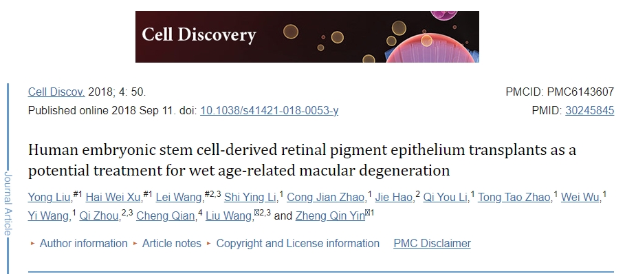 人類胚胎干細胞來源的視網膜色素上皮移植作為濕性年齡相關性黃斑變性的潛在治療方法