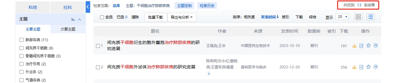 中國知網cnki.net網站上已經有13個干細胞治療肺部疾病的相關文章