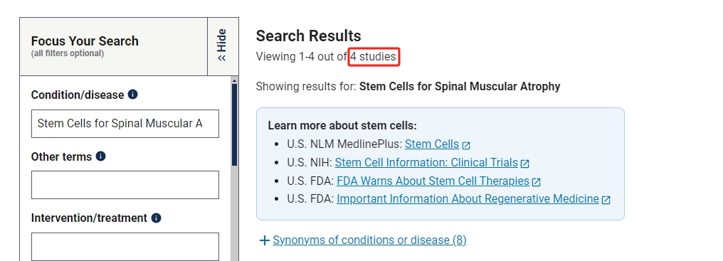 干細胞治療脊髓性肌萎縮癥的臨床研究項目有4項。其中已完成的有1項。