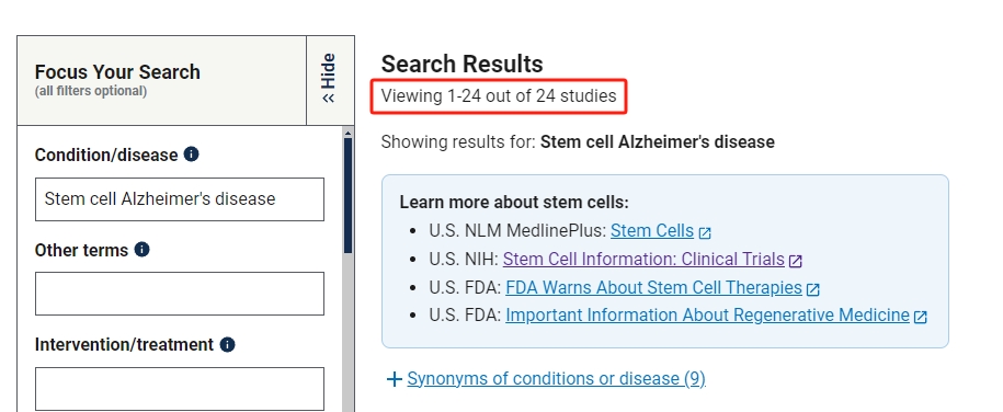 干細(xì)胞治療阿爾茨海默病的臨床研究項(xiàng)目有24項(xiàng)。