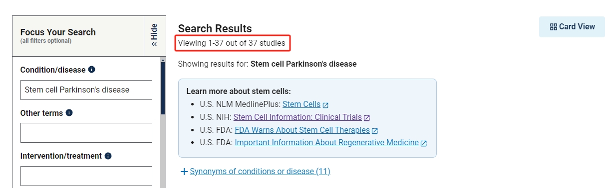 干細(xì)胞治療帕金森病的臨床研究項(xiàng)目有37項(xiàng)。