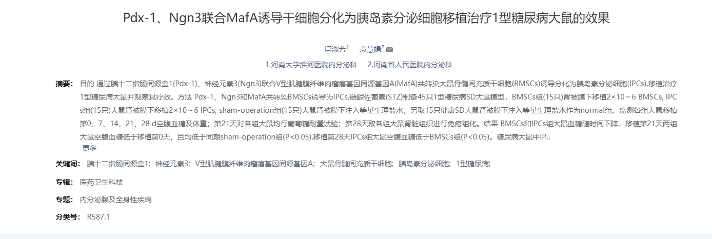 dx-1、Ngn3聯(lián)合MafA誘導干細胞分化為胰島素分泌細胞移植治療1型糖尿病大鼠的效果