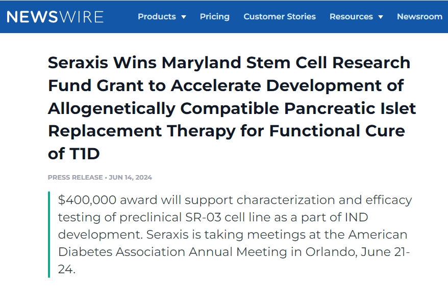 Seraxis 獲得馬里蘭州干細胞研究基金資助，加速開發同種異體相容性胰島替代療法，實現 1 型糖尿病功能性治愈