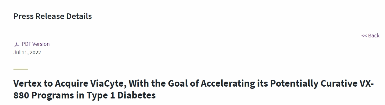 Vertex 收購 ViaCyte，旨在加速其在 1 型糖尿病領域具有潛在治愈作用的 VX-880 項目