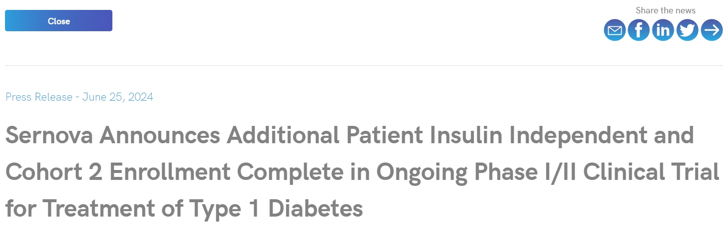 Sernova 宣布正在進行的 1/2 期臨床試驗中，額外的胰島素獨立患者和第 2 組患者入組已完成！用于治療 1 型糖尿病