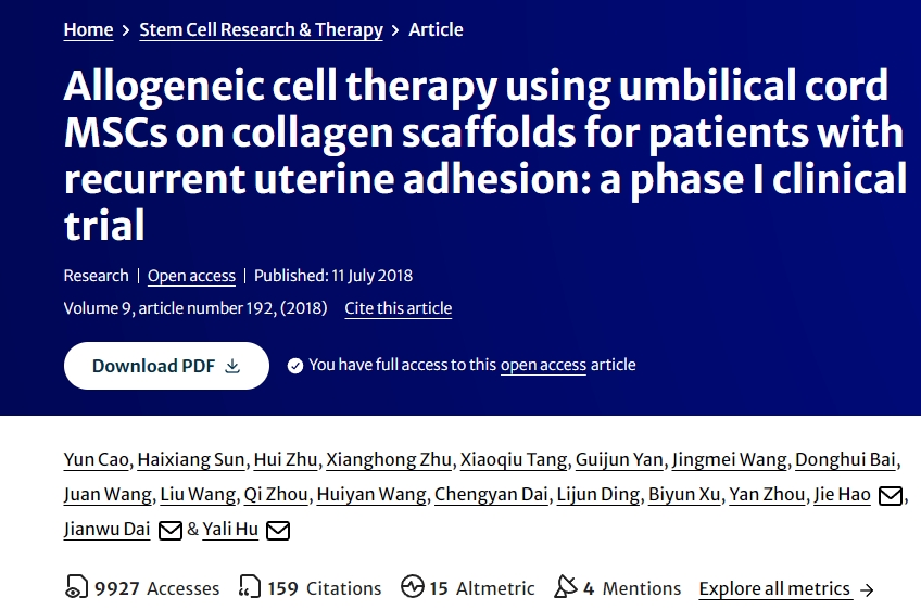使用臍帶MSCs在膠原支架上進行異基因細胞治療復發性宮粘連患者：一項I期臨床試驗