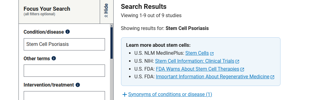 有關干細胞治療銀屑病臨床研究項目有9項，已完成的有4項。
