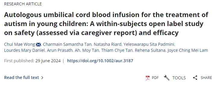 自體臍帶血輸注治療幼兒自閉癥：一項關于安全性（通過護理人員報告評估）和有效性的受試者內開放標簽研究