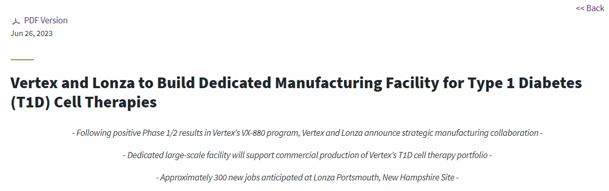 Vertex和Lonza將建立專門生產1型糖尿病 (T1D) 細胞療法的工廠 Vertex和Lonza將建立專門生產1型糖尿病 (T1D) 細胞療法的工廠