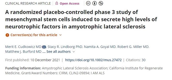 一項關于誘導間充質干細胞分泌高水平神經營養因子治療肌萎縮側索硬化癥的隨機安慰劑對照 3 期研究