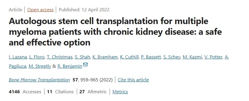自體干細胞移植治療患有慢性腎病的多發性骨髓瘤患者:一種安全有效的選擇 自體干細胞移植治療患有慢性腎病的多發性骨髓瘤患者:一種安全有效的選擇