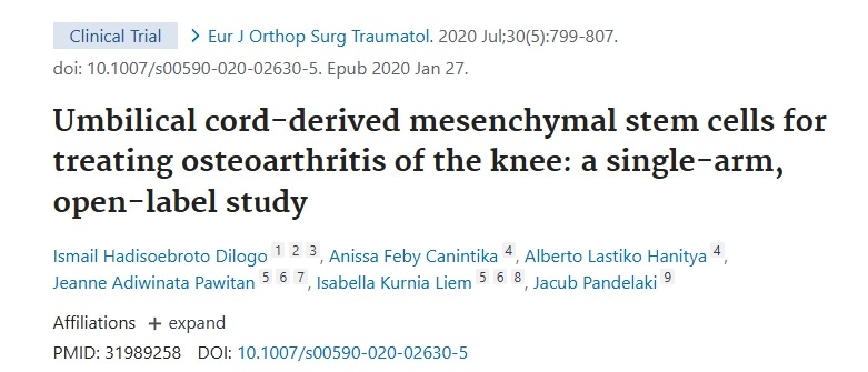 臍帶來(lái)源的間充質(zhì)干細(xì)胞治療膝骨關(guān)節(jié)炎：一項(xiàng)單臂、開(kāi)放標(biāo)簽研究