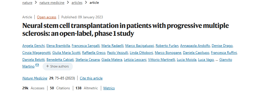 進行性多發性硬化癥患者的神經干細胞移植:一項開放標簽、I 期研究 進行性多發性硬化癥患者的神經干細胞移植:一項開放標簽、I 期研究
