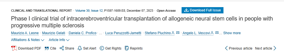 進行性多發性硬化癥患者腦室內移植同種異體神經干細胞的 I 期臨床試驗 進行性多發性硬化癥患者腦室內移植同種異體神經干細胞的 I 期臨床試驗