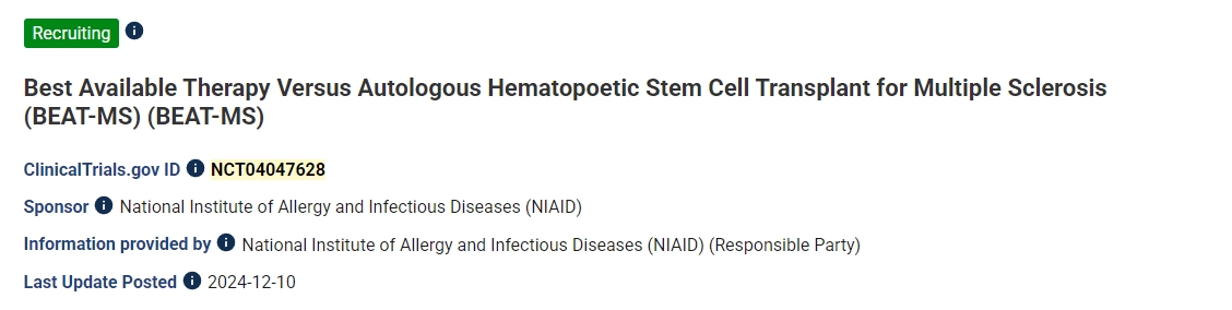 最佳可用療法與自體造血干細胞移植治療難治性復發(fā)性多發(fā)性硬化癥的多中心隨機對照試驗 (ITN077AI) 最佳可用療法與自體造血干細胞移植治療難治性復發(fā)性多發(fā)性硬化癥的多中心隨機對照試驗 (ITN077AI)