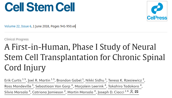首次在人體進行神經干細胞移植治療慢性脊髓損傷的 I 期研究