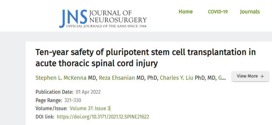 多能干細胞移植治療急性胸段脊髓損傷的十年安全性 多能干細胞移植治療急性胸段脊髓損傷的十年安全性