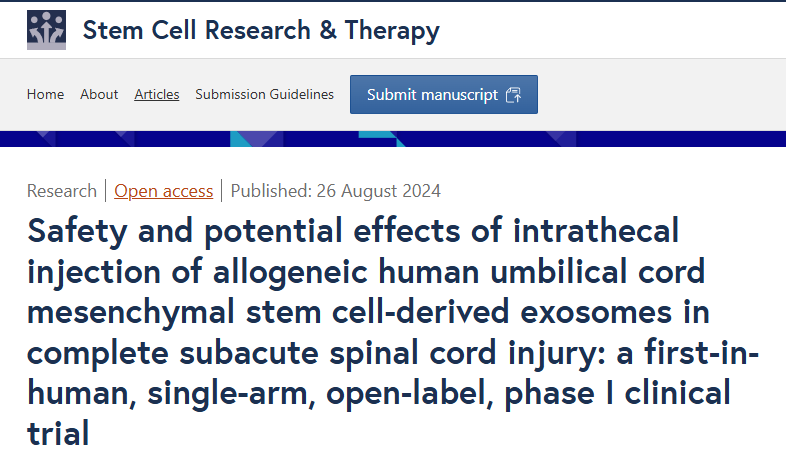 鞘內注射同種異體人臍帶間充質干細胞來源的外泌體對完全性亞急性脊髓損傷的安全性和潛在影響