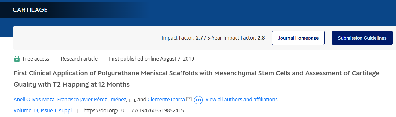聚氨酯半月板支架與間充質干細胞的首次臨床應用以及12個月時T2映射對軟骨質量的評估