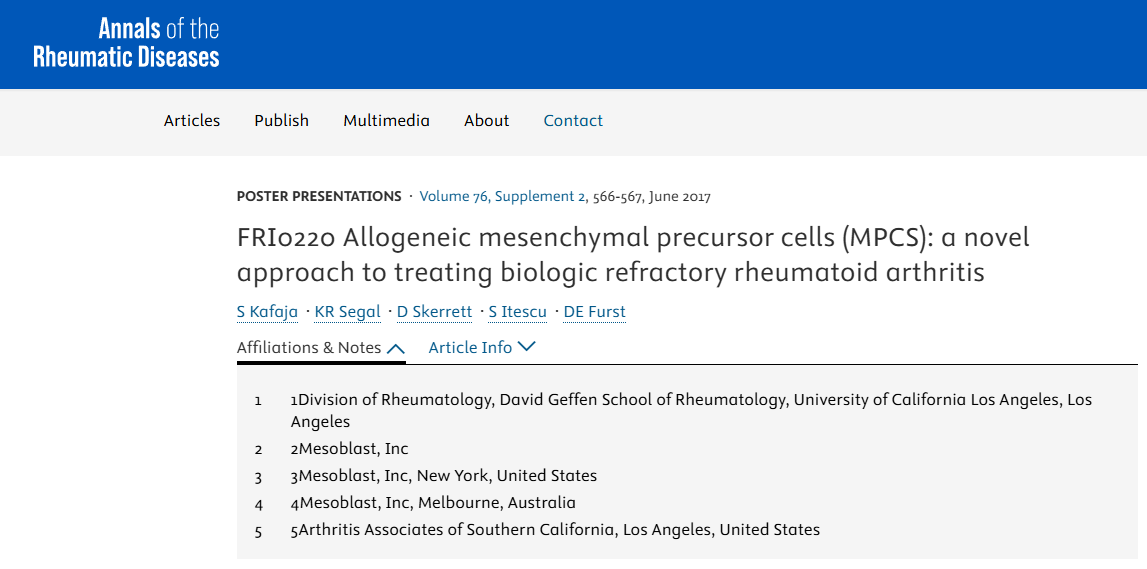 FRI0220 同種異體間充質前體細胞（MPCS）：治療生物難治性類風濕性關節炎的新方法