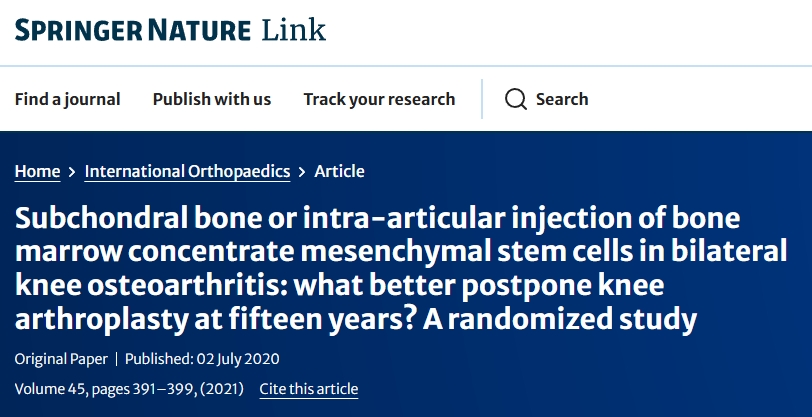 雙側膝骨關節炎：軟骨下骨或關節內注射骨髓濃縮間充質干細胞：哪種方法更有利于推遲15年后的膝關節置換術？一項隨機研究