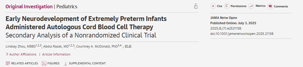 接受自體臍帶血細胞治療的極早產兒的早期神經發育：非隨機臨床試驗的二次分析