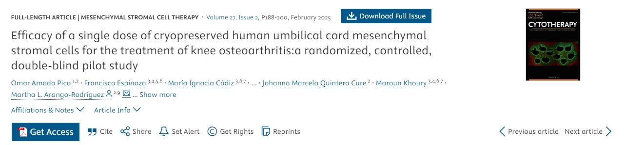 單劑量冷凍保存人臍帶間充質基質細胞治療膝骨關節炎的療效：一項隨機、對照、雙盲先導研究