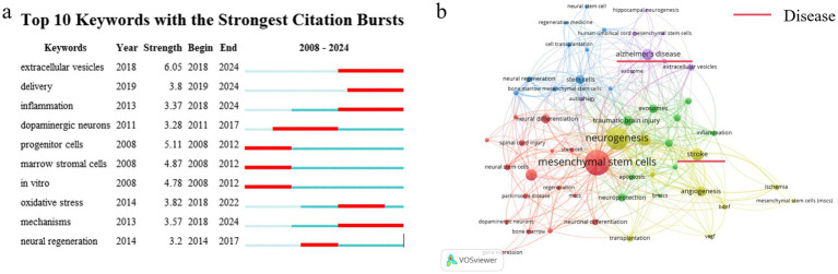圖3：分析關鍵詞。（a）引用爆發力最強的前10個關鍵詞。（b）?2008年至2024年關鍵詞共現圖。