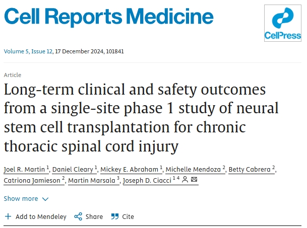 神經干細胞移植治療慢性胸椎脊髓損傷的單中心 I 期臨床研究的長期臨床和安全性結果 神經干細胞移植治療慢性胸椎脊髓損傷的單中心 I 期臨床研究的長期臨床和安全性結果