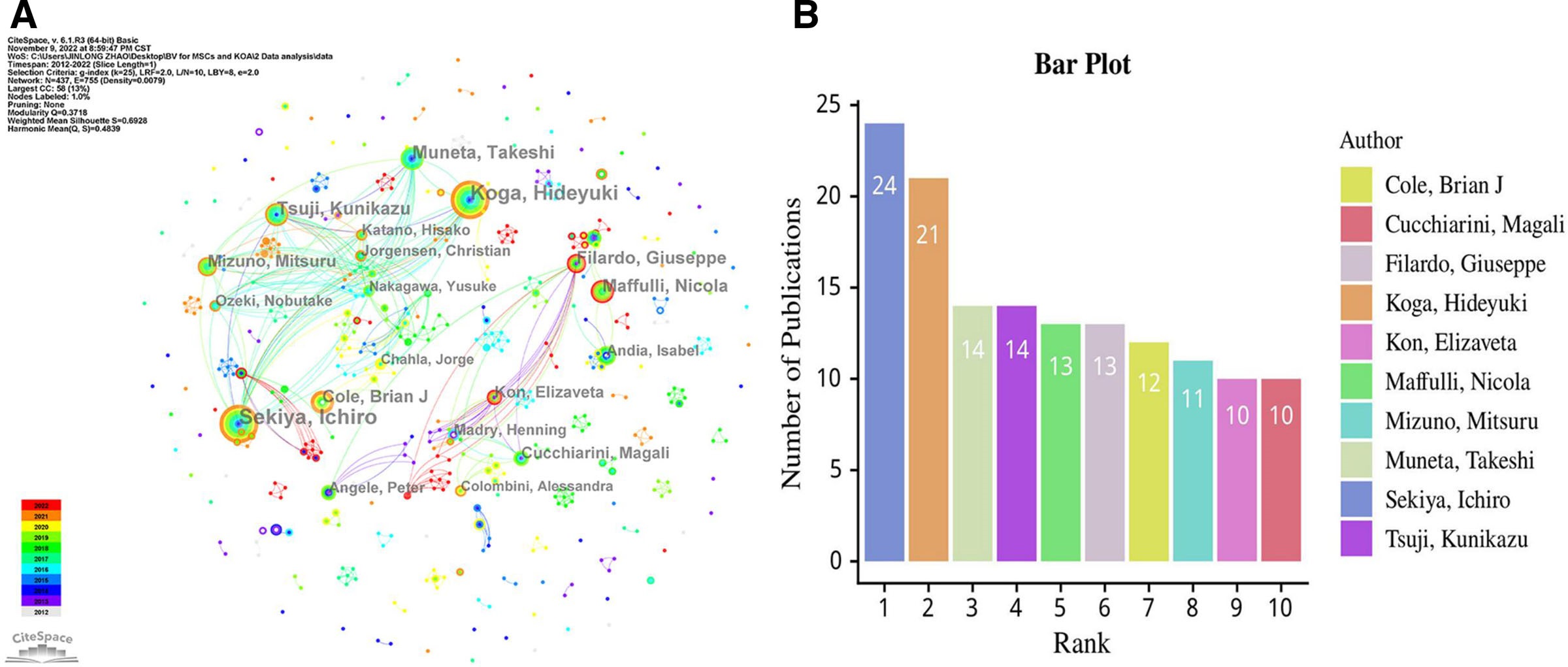 圖3：(A) 參與MSCs和KOA研究的作者網絡可視化。(B) 前10位高產作者。