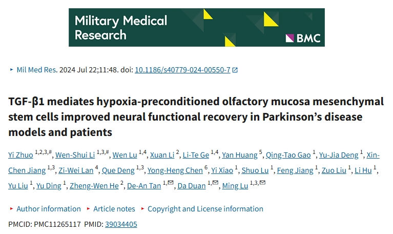 TGF-β1介導缺氧預處理的嗅黏膜間充質干細胞改善帕金森病模型和患者的神經(jīng)功能恢復