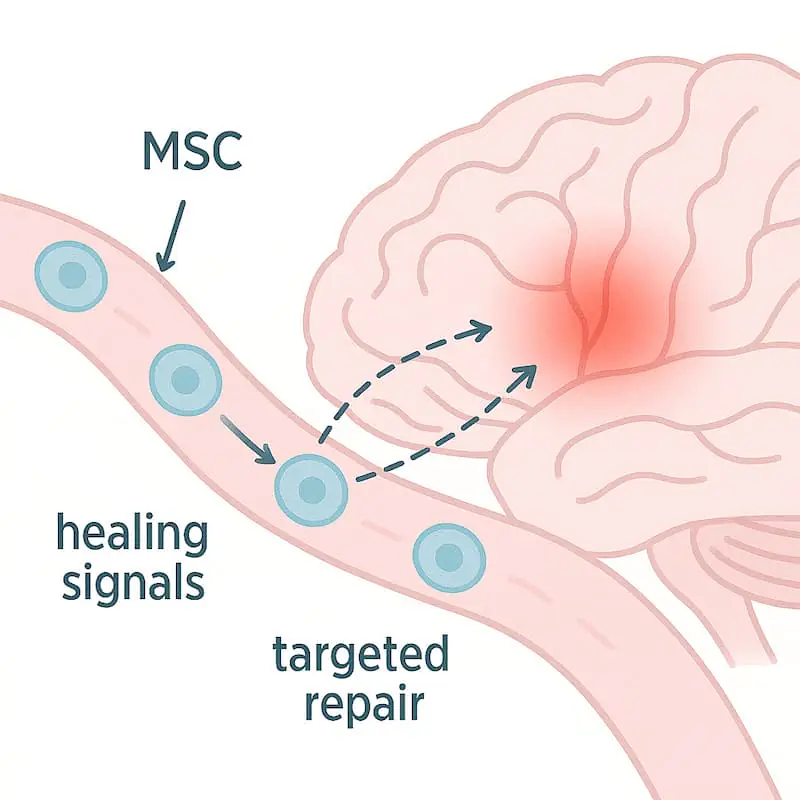 MSCs在血液中循環,并通過生物活性分子向細胞發送信號。這觸發了個體自身干細胞的激活過程,從而緩解炎癥并加速神經系統內的生理過程。 MSCs在血液中循環,并通過生物活性分子向細胞發送信號。這觸發了個體自身干細胞的激活過程,從而緩解炎癥并加速神經系統內的生理過程。