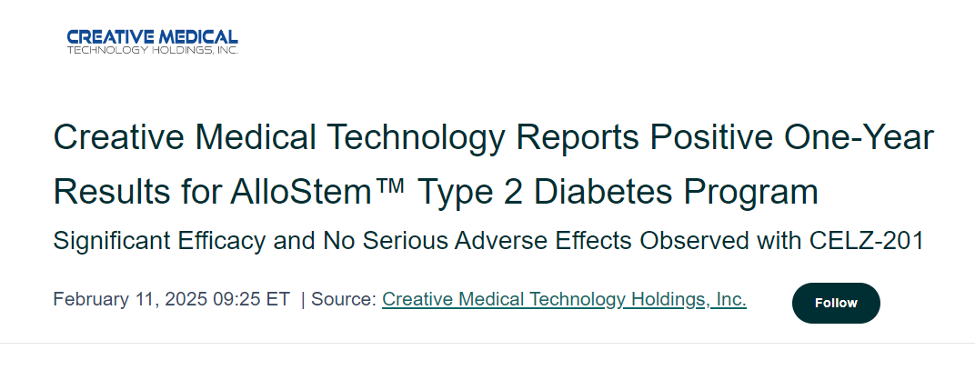 創(chuàng)新醫(yī)療技術(shù)公司報(bào)告AlloStem? 2型糖尿病項(xiàng)目一年來取得積極成果
CELZ-201 療效顯著，未觀察到嚴(yán)重不良反應(yīng)