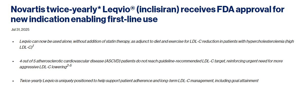 諾華公司每半年*推出的 Leqvio?（inclisiran）獲得 FDA 批準(zhǔn)，用于新的適應(yīng)癥，使其成為一線治療藥物。